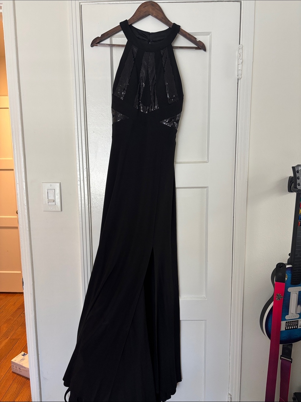 Morgan & Co. Black Halter Evening Gown with Sequin Insets